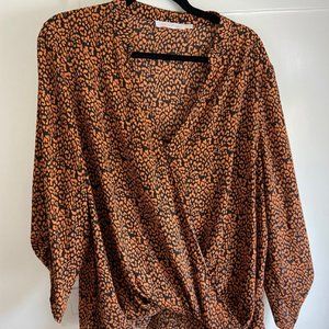 All In Favor Women's XL Orange Printed Blouse Faux Wrap V Neck Long Sleeve Shirt
